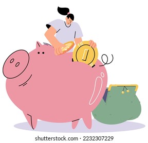 Woman puts money in piggy bank with coins and dollar bills. Concept of banking, saving money, deposit, cash back. Open bank deposit, plan finance budget, investment. Diversification of savings