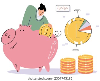 Woman puts money in piggy bank with coins and dollar bills. Concept of banking, saving money, deposit, cash back. Open bank deposit, plan finance budget, investment. Diversification of savings