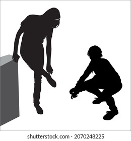 The woman puts on her shoes, bent over. The girl is squatting. close-up. Vector silhouettes isolated on white background.