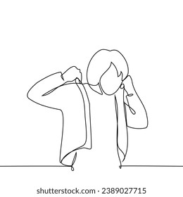 woman puts on a jacket or blazer - one line art vector. concept of getting dressed, trying on clothes