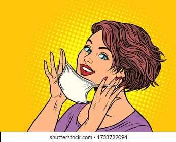 woman puts on a medical mask. Pop art retro vector illustration vitch vintage 50s 60s style