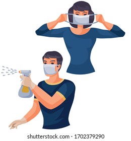 woman puts on a protective mask, a man sprays a disinfectant through a pulivator, isolated object on a white background, vector illustration,