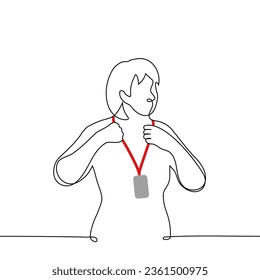 woman puts on or takes off a badge on a red ribbon - one line art vector. concept of preparation or completion of a conference, seminar or business meeting