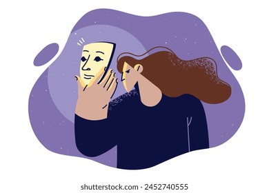 Woman puts on theatrical mask to hide true emotions and commit act of fraud against person. Girl with mask in hand experiences psychological problems with self-identification and impostor syndrome