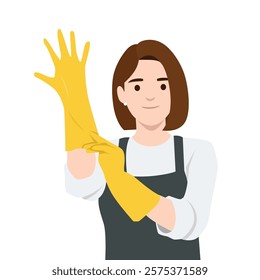 Woman puts on yellow cleaning gloves, ready to tackle her cleaning tasks. Flat vector illustration isolated on white background