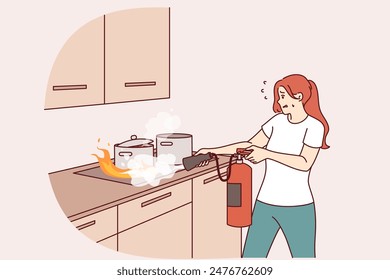 Woman puts out fire in kitchen with fire extinguisher, and panics for fear of combustion spreading. Flame engulfed cooker with pots due to violation safety regulations or careless handling of matches