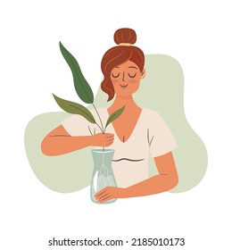 Woman puts sprouts in a vase. Vector concept illustration 