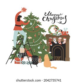 Woman puts star on the top Christmas tree. Happy New Year, Merry Christmas. Flat style in vector illustration. Isolated on white background. Cat looking for the woman on the stair. Fireplace with soсk