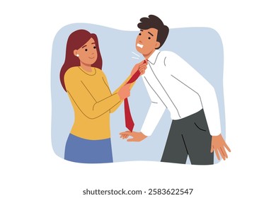 Woman puts tie tightly around husband neck, taking care of beloved husband who is getting ready for work. Girl helping to use tie to choking boyfriend, for concept of toxic relationship in family