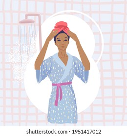 Woman puts a towel on her head, dry her hair after a shower, get out of the shower in a bathrobe. Girl in bathroom. Women routine, lifestyle. Vector flat illustration