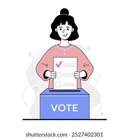 Woman putting a ballot paper into a ballot box. Election and voting concept. Vector stock illustration on a white background in a flat style.