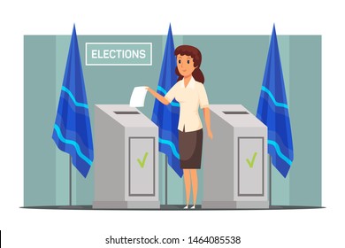 Woman putting ballot in voting box illustration. Female cartoon character throwing paper with vote. Presidential, city mayor, government elections flat drawing. Citizen choosing president candidate