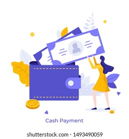 Woman putting banknotes and coins taking out of wallet. Creative concept of cash payment, money transaction, saving and economy, personal financial management. Flat cartoon colorful vector illustratio