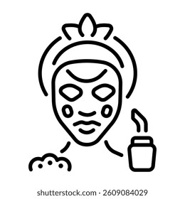 A woman putting clay mask on her face, line icon 