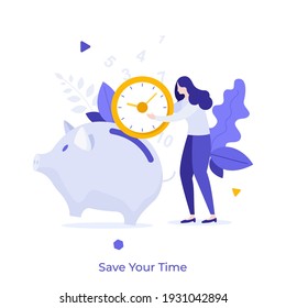 Woman putting clock-like coin into piggy bank. Concept of saving time techniques, tips and tricks for planning, scheduling, work organization and management. Modern flat colorful vector illustration.