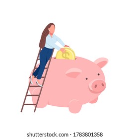 Woman putting coin in piggy bank flat concept vector illustration. Businesswoman standing on ladder. Lady making savings 2D cartoon character for web design. Saving money creative idea