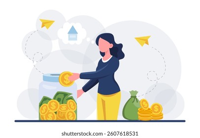 Woman putting coins into a large jar filled with money, with a house thought bubble above, on a light abstract background. Concept of saving for housing. Vector illustration