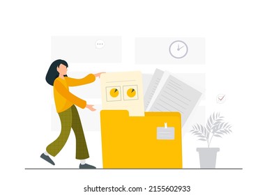 Woman putting documents in folder, digital data storage, network workflow concept, online file exchange system, flat vector illustration