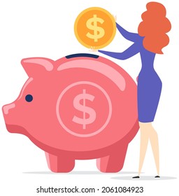Woman putting dollar coin into piggy bank. Money savings, personal investment, finance, funding, bank deposit, capital accumulation concept. Businesswoman saves money, puts savings in piggy bank
