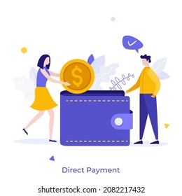 Woman putting dollar coin into man's wallet. Concept of direct payment, paying by cash, money transfer, personal financial transaction. Modern flat colorful vector illustration for banner, poster.