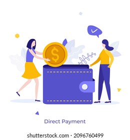 Woman putting dollar coin into woman's wallet. Concept of direct payment, paying by cash, money transfer, personal financial transaction. Modern flat colorful vector illustration for banner, poster.