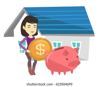 Woman putting dollar coin in piggy bank. Woman standing on the background of house. Concept of saving and investing money in real estate. Vector flat design illustration isolated on white background.