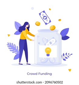 Woman putting dollar coins and bills into jar with light bulb. Concept of crowd funding, fundraising, venture investment, financing innovative technology. Modern flat vector illustration for banner.