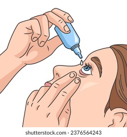 Woman putting drops in her eye diagram schematic vector illustration. Medical science educational illustration