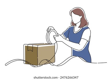 woman putting duct tape on cardboard, doodle continuous line art vector illustration
