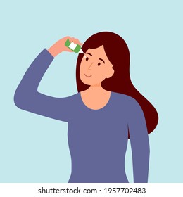 Woman Putting Eye Drops For Dry Eye Or Sore Eye Treatment  In Flat Design. Female Applying Contact Lenses Daily Solution.