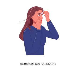 Woman Putting Eye Drops In Her Eyes Pulling Lower Eyelid With Hand. Daily Eye Hygiene Care, Prevention Of Dryness, Allergy, Elimination Of Pain And Fatigue. Flat Vector Illustration Isolated On White