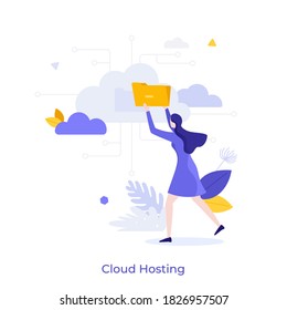 Woman putting floder on cloud. Concept of internet hosting, online service for file management and digital information storage, web database. Modern flat colorful vector illustration for banner,poster