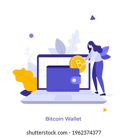 Woman putting golden crypto coin into purse on laptop computer. Concept of personal Bitcoin wallet for cryptocurrency storing, digital currency balance. Modern flat vector illustration for banner.