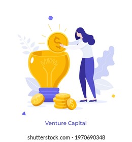 Woman putting golden dollar coins into lightbulb. Concept of venture capital fund, investment in innovative technological startup project. Modern flat colorful vector illustration for poster, banner.