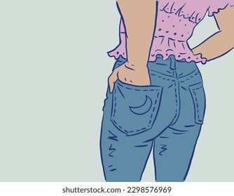 A woman putting hand in jeans pocket vector for card  decoration  background