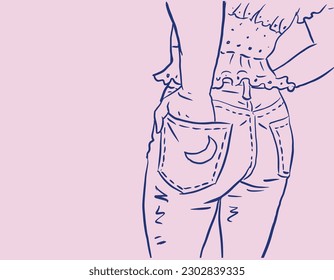 Woman putting hand in jeans pocket vector for illustration  card  decoration