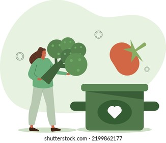 Woman Putting Healthy Vegetables In A Pot. Vegan Diet Concept .vector Illustration.