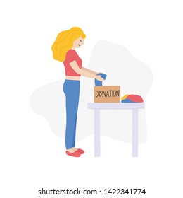 Woman putting her old gently used clothing in the donation box. Minimalist banner of charity concept. Clothes donation hand drawn vector illustration isolated on white background. 