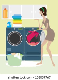 Woman Putting Laundry in Washing Machine