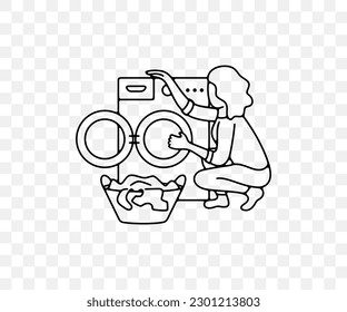 Woman putting, loading and pulls out clothes from washing machine, linear graphic design. Wash, household, housewife, housekeeping and menage, vector design and illustration
