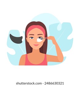 Woman putting mascara on eyelashes, protecting skin under eyes with patch application vector illustration