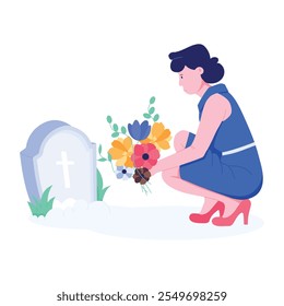 Woman putting memorial flowers on grave, flat illustration  