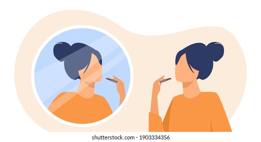 Woman putting on lipstick. Rouging lips, makeup, mirror. Flat vector illustration. Self care, routine, cosmetics concept for banner, website design or landing web page