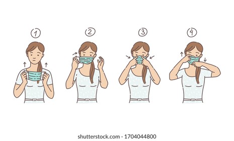 Woman putting on medical mask or protective respirator to prevent Covid-19 and coronavirus disease, sketch cartoon vector illustration isolated on white background.