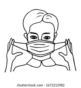 Woman putting on protective medical face mask against viruses,bacteria,flu,contaminated air,infectious diseases. Coronavirus Covid-19 N95 prevention. Surgical, hospital,health care,personal respirato