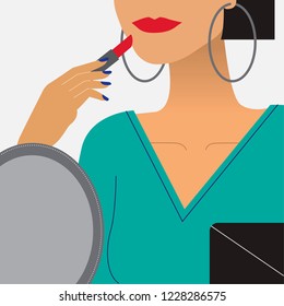 Woman putting on red lipstick illustration