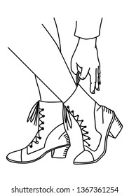 Woman putting on shoes on white isolated background. Line drawing, Vector