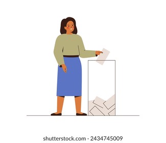 Woman is putting paper ballot in box. Female activist calling for votes. Voting and Election concept. Pre-election campaign.