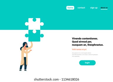 woman putting parts of puzzle together female hardworking solve problem concept background flat copy space vector illustration
