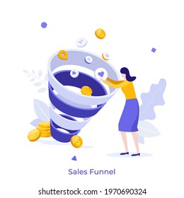 Woman putting pictograms into whirpool and dollar coins. Concept of social media sales funnel, SMM, marketing strategy to attract customers. Modern flat colorful vector illustration for banner, poster